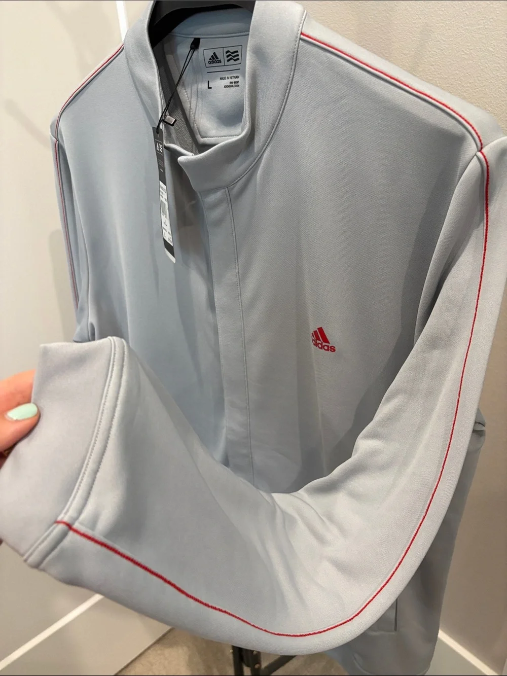 adidas golf Light Gray Men’s Track Jacket with Red Logo and sleeve stripe NWT Lg